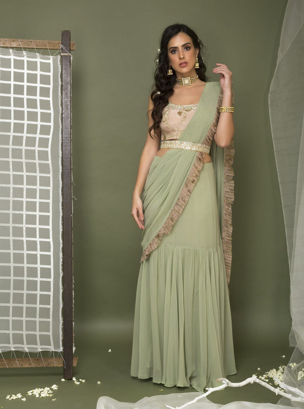 Chhavvi Aggarwal-Sage Green Blouse With Pre Stitched Sari-INDIASPOPUP.COM