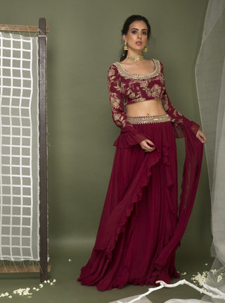 Chhavvi Aggarwal-Maroon Lehenga Set With Frill Dupatta-INDIASPOPUP.COM