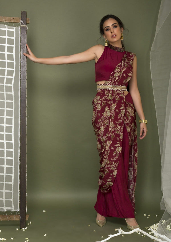 Chhavvi Aggarwal-Maroon Crop Blouse With Pant Sari-INDIASPOPUP.COM