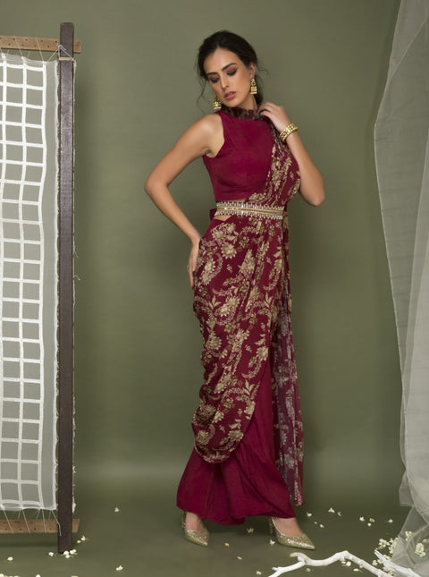 Chhavvi Aggarwal-Maroon Crop Blouse With Pant Sari-INDIASPOPUP.COM