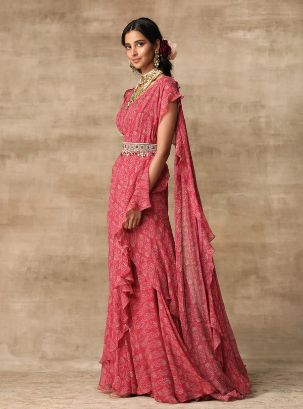 Ridhi Mehra-Berry Pink Saree Gown With Ruffle Drape & Belt-INDIASPOPUP.COM
