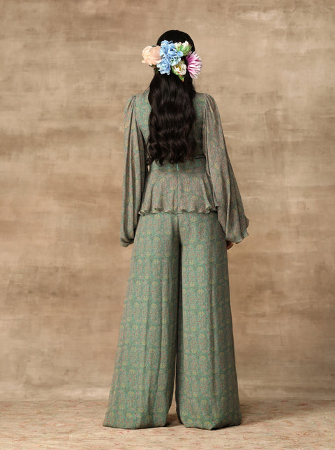 Ridhi Mehra-Turquoise Paisley Printed Peplum Jumpsuit-INDIASPOPUP.COM