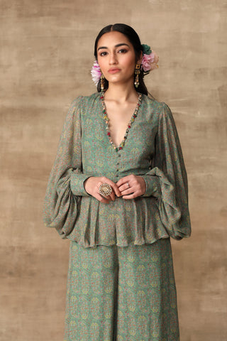 Ridhi Mehra-Turquoise Paisley Printed Peplum Jumpsuit-INDIASPOPUP.COM