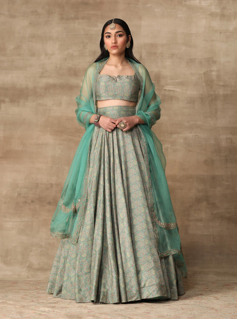 Ridhi Mehra-Turquoise Paisley Blouse With Skirt & Dupatta-INDIASPOPUP.COM