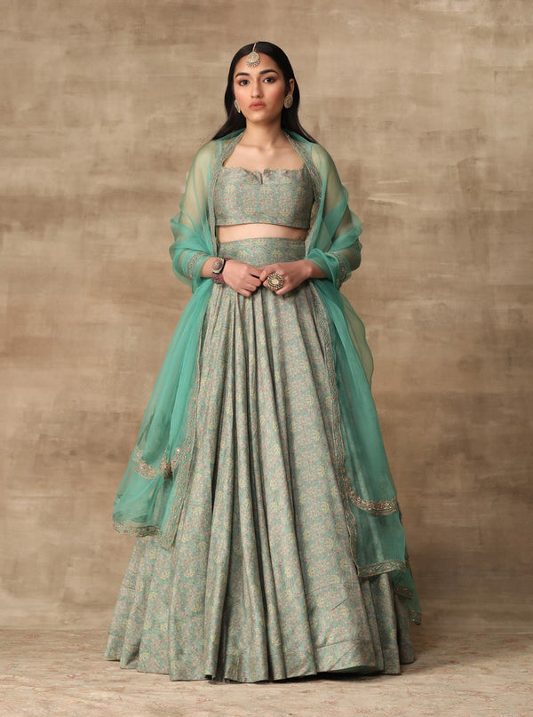 Ridhi Mehra-Turquoise Paisley Blouse With Skirt & Dupatta-INDIASPOPUP.COM