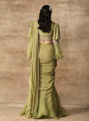 Ridhi Mehra-Apple Green Blouse With Attached Belt & Saree-INDIASPOPUP.COM