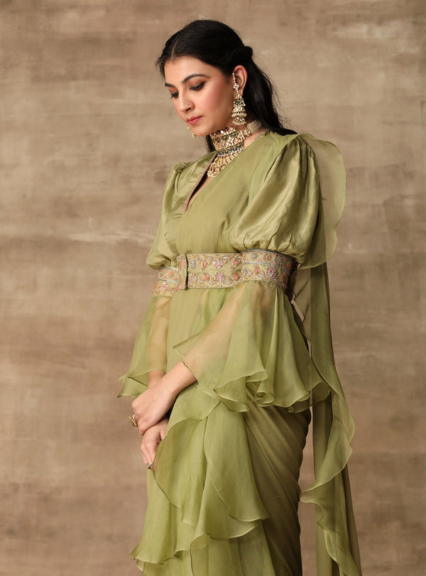 Ridhi Mehra-Apple Green Blouse With Attached Belt & Saree-INDIASPOPUP.COM