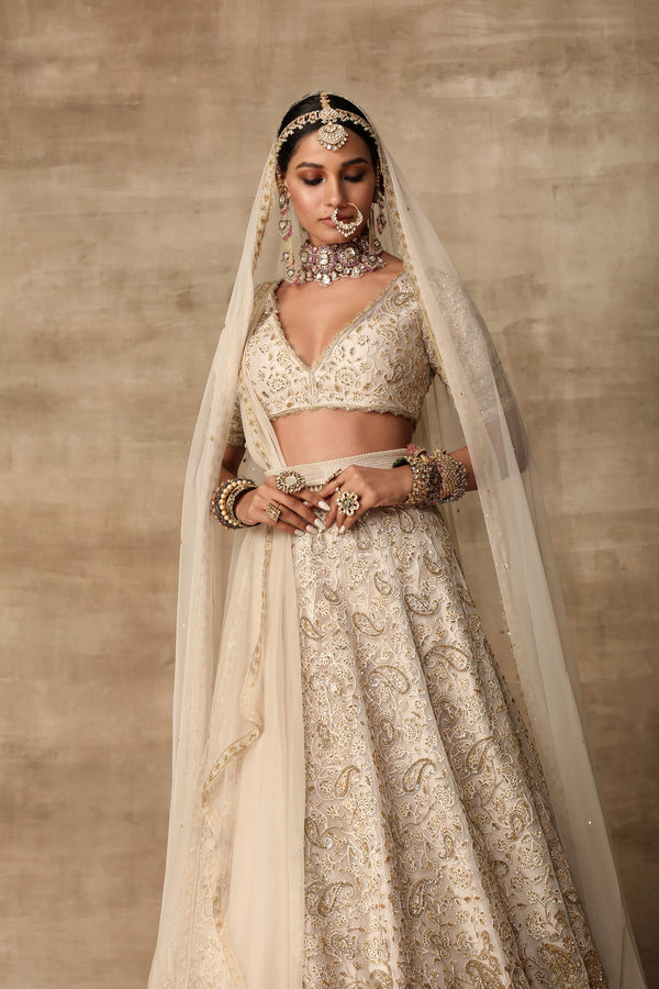 Ridhi Mehra-Ivory Paisely Blouse With Lehenga & Dupatta-INDIASPOPUP.COM