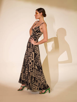 Nikita Mhaisalkar-White Black Abstract Printed Long Dress-INDIASPOPUP.COM