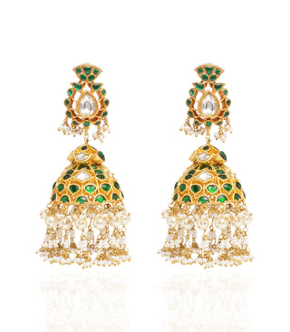 Preeti Mohan-Gold Plated Green Kundan Jhumka Earring-INDIASPOPUP.COM