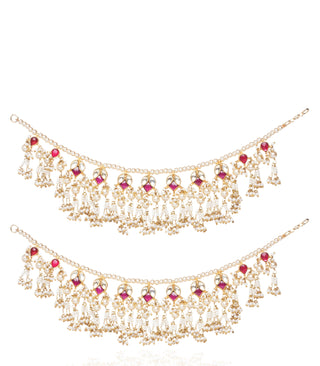 Preeti Mohan-Red Kundan Earchain With Pearls-INDIASPOPUP.COM