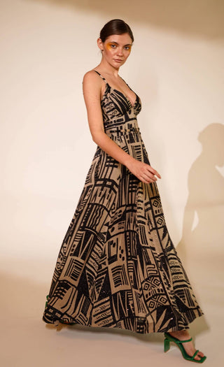 Nikita Mhaisalkar-White Black Abstract Printed Long Dress-INDIASPOPUP.COM