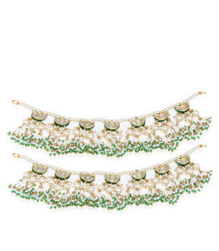 Preeti Mohan-Gold Plated Green Kundan Earchain With White & Green Pearls-INDIASPOPUP.COM
