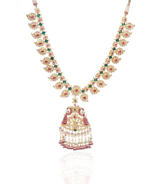 Preeti Mohan-Red & Green Kundan Pendant Necklace With Earring-INDIASPOPUP.COM