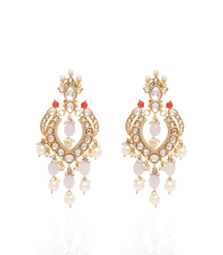 Preeti Mohan-Gold Plated Pink And Red Peacock Kundan Earrings-INDIASPOPUP.COM