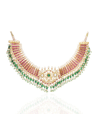 Preeti Mohan-Red & Green Kundan Pendant Necklace With Earring-INDIASPOPUP.COM