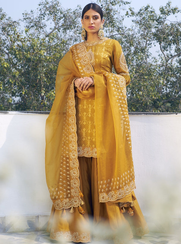 Rar Studio | Mustard Embroidered Sharara Set | INDIASPOPUP.COM