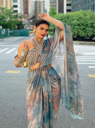 Grey Draped Printed Saree With Blouse And Belt