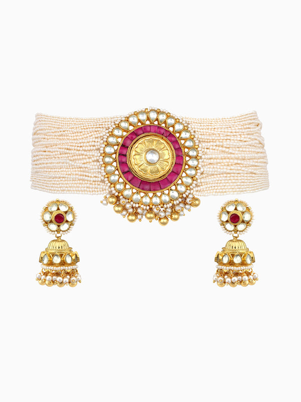 Tizora-Pink Pachi Kundan Choker Set-INDIASPOPUP.COM