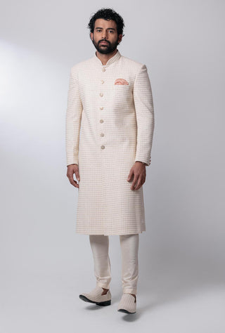 Nautanky-Bone White Embroidered Sherwani Set-INDIASPOPUP.COM