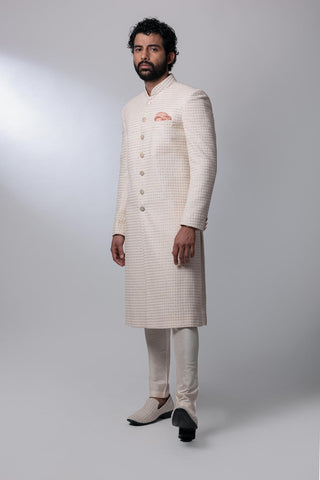 Nautanky-Bone White Embroidered Sherwani Set-INDIASPOPUP.COM