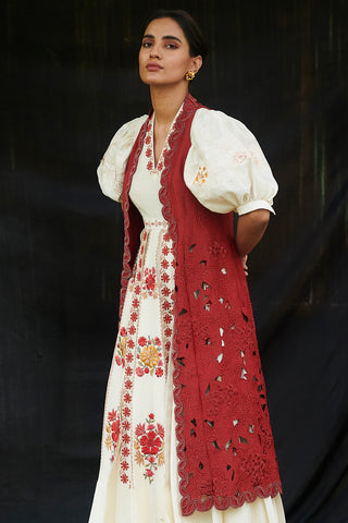 Chandrima-Ivory Pleated Dress With Cutwork Jacket-INDIASPOPUP.COM