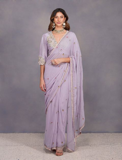 Devyani Mehrotra-Lavender Carnation Saree With Applique Blouse-INDIASPOPUP.COM