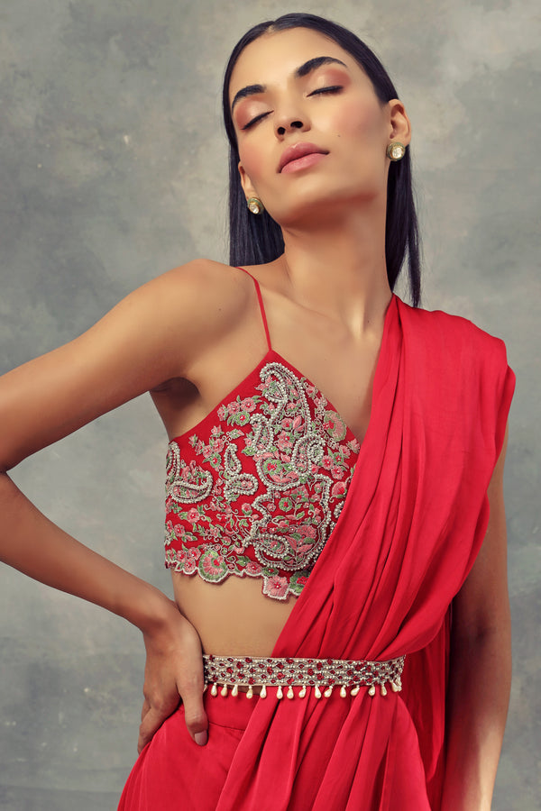 Bhumika Sharma-Ruby Red Saree With Bralette & Belt-INDIASPOPUP.COM