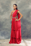 Bhumika Sharma-Ruby Red Saree With Bralette & Belt-INDIASPOPUP.COM