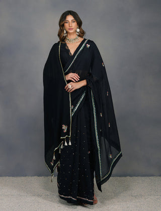 Devyani Mehrotra-Black Chanderi Buta Saree With Unstitched Blouse-INDIASPOPUP.COM