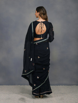 Devyani Mehrotra-Black Chanderi Buta Saree With Unstitched Blouse-INDIASPOPUP.COM