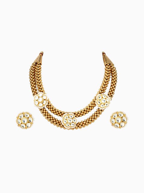 Tizora-Gold Pachi Kundan Double Layered Necklace Set-INDIASPOPUP.COM