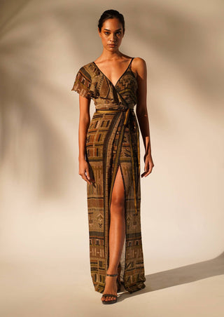 Nikita Mhaisalkar-Green Aztec Print Drape Dress-INDIASPOPUP.COM