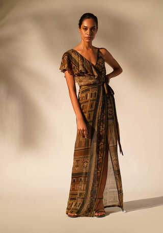 Nikita Mhaisalkar-Green Aztec Print Drape Dress-INDIASPOPUP.COM