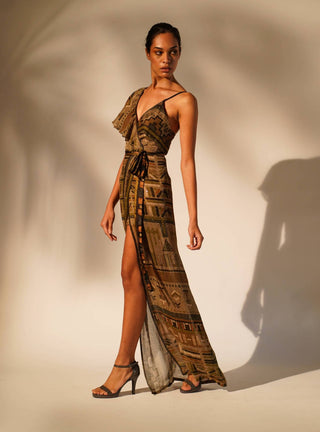 Nikita Mhaisalkar-Green Aztec Print Drape Dress-INDIASPOPUP.COM