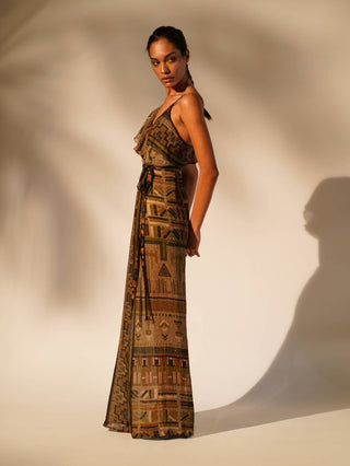 Nikita Mhaisalkar-Green Aztec Print Drape Dress-INDIASPOPUP.COM