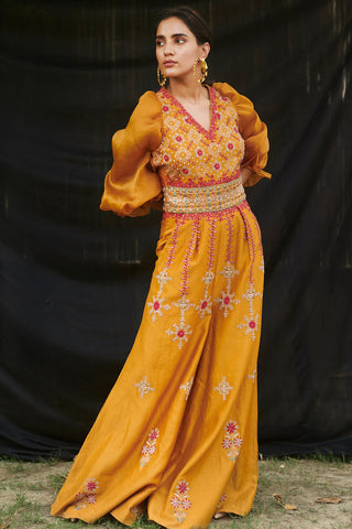 Chandrima-Mustard Chanderi Flared Jumpsuit-INDIASPOPUP.COM