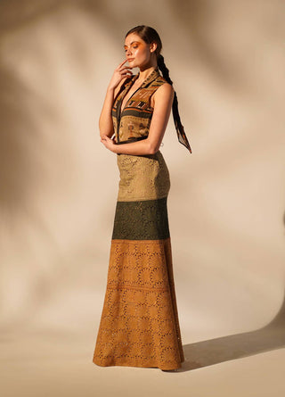 Nikita Mhaisalkar-Green Mustard Schiffli Skirt-INDIASPOPUP.COM