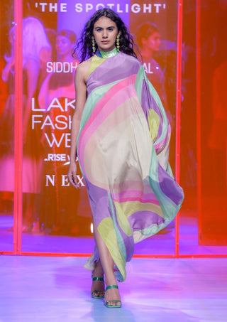 Siddhartha Bansal-Multicolor Wave One-Shoulder Dress-INDIASPOPUP.COM