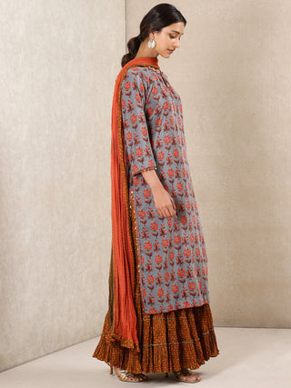 Ritu Kumar-Grey Printed Velvet Sharara Set-INDIASPOPUP.COM