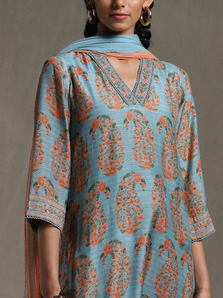 Ritu Kumar-Aqua Blue Printed Kurta Set-INDIASPOPUP.COM