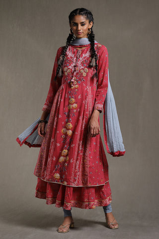 Ritu Kumar-Pink Floral Print Kurta With Leggings And Dupatta-INDIASPOPUP.COM