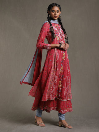 Ritu Kumar-Pink Floral Print Kurta With Leggings And Dupatta-INDIASPOPUP.COM
