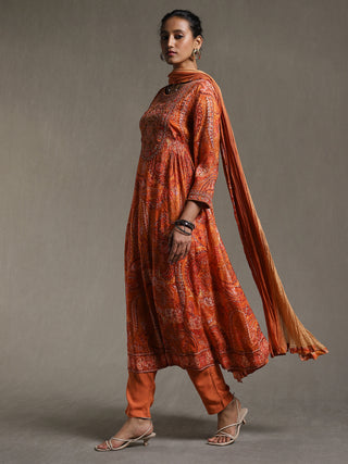 Ritu Kumar-Rust Paisley Print Kurta Set-INDIASPOPUP.COM