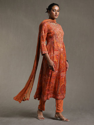 Ritu Kumar-Rust Paisley Print Kurta Set-INDIASPOPUP.COM