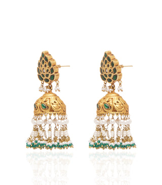 Preeti Mohan-Gold Plated Green Jhumka Earring-INDIASPOPUP.COM