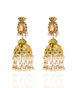 Preeti Mohan-Gold Plated Green Kundan Jhumka Earring-INDIASPOPUP.COM
