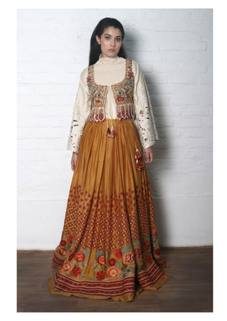 Chandrima-Mustard & Ivory Lehenga Set With Waistcoat-INDIASPOPUP.COM