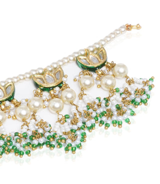 Preeti Mohan-Gold Plated Green Kundan Earchain With White & Green Pearls-INDIASPOPUP.COM
