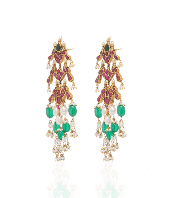 Preeti Mohan-Gold Plated Red And Green Kundan Earring-INDIASPOPUP.COM
